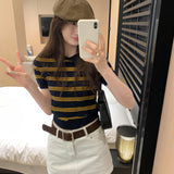 Uniquely Good-Looking Striped Knitted Short-Sleeved Polo Shirt Women 2025 Summer New Slimming Single Wear Small Top