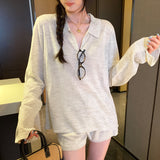 Lazy And Relaxed Loose POLO Shirt Long-Sleeved T-Shirt Casual Shorts Two Sets Of Women's Early Spring 2026 New Top