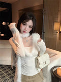 Pure Hair Splicing V Collar Long Sleeve Bottom Shirt Autumn And Winter Hottie Slime Top With Fur Scarf