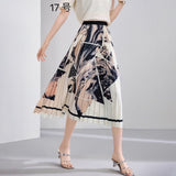 2025 New High-Rise Half-Dress Woman Tight Waist Ink Print Design Sense A-Character Skirt In The Long Folded Skirt