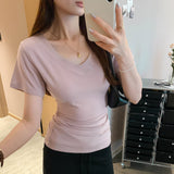 Simple V-Neck Slime Short-Sleeved T-Shirt For Women 2025 Spring And Summer New Ins Shoulder Black Casual Thin Top