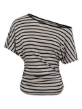 Spice Girls Crash Striped Slanted Shoulder Short Sleeve T-Shirt Women's Summer Design Sense Of Small Loose Slim Bottom T-Shirt