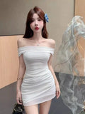 French One-Word Shoulder White Dress Women Summer Pure Temperament Slimming Waist Hottie Ass Short Skirt