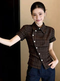 Vintage Curry Plaid Short-Sleeved Shirt Women 2026 Summer Super Fire Age Repairolo Collar T-Shirt Top