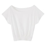 Real Shot A Word Shoulder Slant Shoulder Waist White Short-Sleeved T-Shirt Women's Summer 2026 New Pure Desire Design Sense Short Top