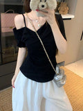 Red Shoulder Oblique Shoulder Short Sleeve T-Shirt 2026 Summer Large Fat Mm Thinch Waist Unique Beautiful Top