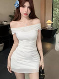French One-Word Shoulder White Dress Women Summer Pure Temperament Slimming Waist Hottie Ass Short Skirt