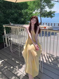 French Fairy Temperament Seaside Holiday Dress Pendant Yellow Dizzling Print V Tie Dress Female Summer