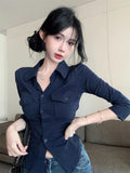 Pure Lusty Temperament Polo Collar Long-Sleeved Shirt Women Summer Short Repair Slim Design Picts Tat