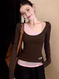 Fake Two Long-Sleeved T-Shirts For Women Wearing Coffee-Colored Bottom Shirts In The Early Spring To Put On A Thin Hottie