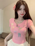 Dopamine Short-Sleeved Top Women's Summer 2026 New Shoulder Half-Sleeved Miu Pure Hot Girl Unique Beautiful T-Shirt