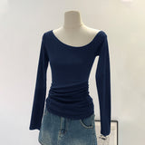 2026 New Year's Eve White Slanted Shoulder Sexy Pure Desire To Show Shoulders Long-Sleeved T-Shirt Girl Folded Wrinkled Waist-Thing Bottom Top