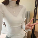 2026 Early Spring Real-Etle Temperament Tulle Splicing High-Necked Wool Bottoming Knitted Autumn Gentle Fragrant Blouse