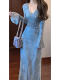 Autumn Temperament Wearing A Long Dress French Tie Stained Flower Blue Dress Women's Sunset Dress Waist High Sense Skirt