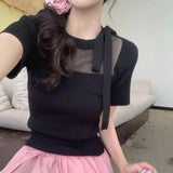 Real Shooting 2026 Summer New Mesh Splicing Milk Yellow Ice Fresh Silk Knitted Shirt Short-Sleeved Top Female Senior Sense