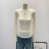 2026 Early Spring Pit Strip V Collar With The Bottom Of The Knitted Shirt Women's Autumn Minimalist High-End Feeling Long-Sleeved Top