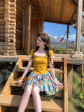 Dopamine Yellow U Collar Top Shredded Flower Skirt Suit Women Summer Age Reduction Thin Holiday Wind Two Sets Of Women