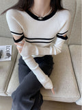 Clamming Striped Gray Hollow Long-Sleeved Sweater Women's Spring And Autumn Design Elastic Inside The Repair Knitted Shirt Top