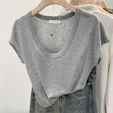 2026 Early Spring Direct Sale Lazy And Relaxed Feeling U Collar Knitted Shirt Women Set Up A Fashionable Short-Sleeved T-Shirt Summer