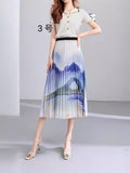 2025 New High-Rise Half-Dress Woman Tight Waist Ink Print Design Sense A-Character Skirt In The Long Folded Skirt