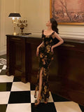 Temperament Famous Sister Style Sling Dress Retro Print Design Sense Niche Open Fork Body Ass Long Skirt