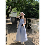 Gentle Style Temperament Blue Lattice Slinged Skirt Women's Summer New French High-End Waist Dress