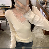 2025V Lace Splicing Temperament Long-Sleeved Knitting Bottom Shirt Women Autumn And Winter Korean Koi Special To The Top