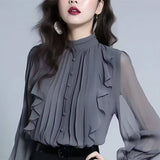 High-End Chiffon Collar Shirt Women's Spring And Autumn New Fashion High-End Feel Leaf Side French Long-Sleeved Shirt Top