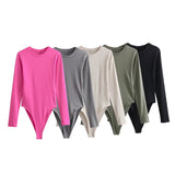Spring And Summer New Women's Pure Color Round Collar Long-Sleeved Top