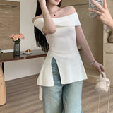 2026 Summer New Korean High-End Pure Wind Paper People Open A Word Shoulder Knitted Shirt Top