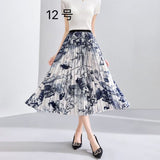 2025 New High-Rise Half-Dress Woman Tight Waist Ink Print Design Sense A-Character Skirt In The Long Folded Skirt