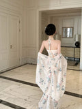 Pure Lusty Sexy Royal Sister Print Waist-And-Ear Neck Sleeveless Dress Temperament Thin Dress With Shawl Summer