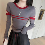 Clamming Striped Gray Hollow Long-Sleeved Sweater Women's Spring And Autumn Design Elastic Inside The Repair Knitted Shirt Top