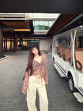 Vintage V-Necked Leopard-Print Strapped Long-Sleeved Shirt Women 2026 Summer Thin Sunscreen Shirt French Thin Temperament Top