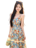 French Oil Painting Slings With A Tie Dress 2026 New Summer Seaside Holiday Wear Sweet Thinch Waist Dress