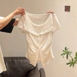 White Wooden Ear Fake Two Bows Short-Sleeved T-Shirt 2026 Summer Lace Folds Repair Body Coat