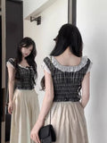 French Retro Lace Lace Collar Short-Sleeved Shirt Women's Summer Design Lace Folding Short Blouse