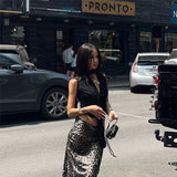 2025 Summer Hottie Sexy Slimming Collar Design Feeling With A Fluttering Belt Vest Top Sleeveless