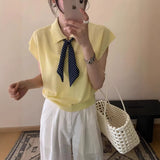 Grey Short-Sleeved T-Shirt Women 2026 New Summer Loose Ribbon Polo Shirt Temperament Thin Ribbon Knitting Top