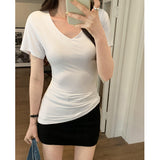 Simple V-Neck Slime Short-Sleeved T-Shirt For Women 2025 Spring And Summer New Ins Shoulder Black Casual Thin Top