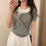 Korean Casual Fashion Doll-Necked Short-Sleeved T-Shirt Women 2026 Spring New Splicing Design Knitting Top