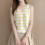 2026 Summer New Fashion V-Neck Hollow Wave Side Bump Color Buckle Sling Sling Ice Silk Knit Vest Woman