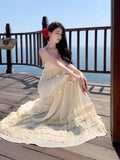 Beach Temperament Dress Sling Holiday Dress Beige Sexy Showy Fairy Summer Mop Atmosphere