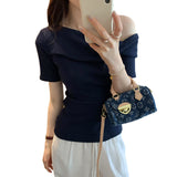 2026 Early Spring Temperament Korean Hot Girls Twisting And Slanted Shoulders Short-Sleeved T-Shirt Women Commuting Summer Pure Desire