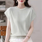 2026 Round Collar Summer New Large Size Women's Loose Knitted Shirt Short-Sleeved Fat Mm Thin Top