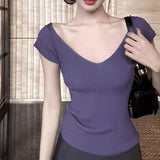 Purple V-Neck Knitted Short-Sleeved T-Shirt For Girls Spring Niche Short French Beauty Sweet Hot Girl Small Top