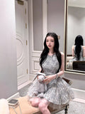 French Sweet Mist Gray Blue Flower Princess Fluffy Short Dress Girl Summer New Birthday Dress Sleeveless Dress