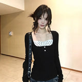 Spice Girl Collar Lace-Point Long-Sleeved T-Shirt Girl Spring New Repair Fake Two Bottoming Shirt Inside The Top