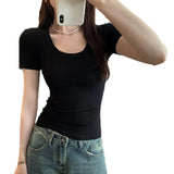 Korean Shoulder-To-Shoulder U-Necked With A Bottom Shirt Short-Sleeved T-Shirt For Women's Summer 2025 European Explosive Design Top