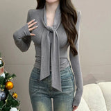2026 Korean Version Of Simple To Wear Pure Temperament Tight Short V Tie With Long-Sleeved T-Shirt Slimming Top